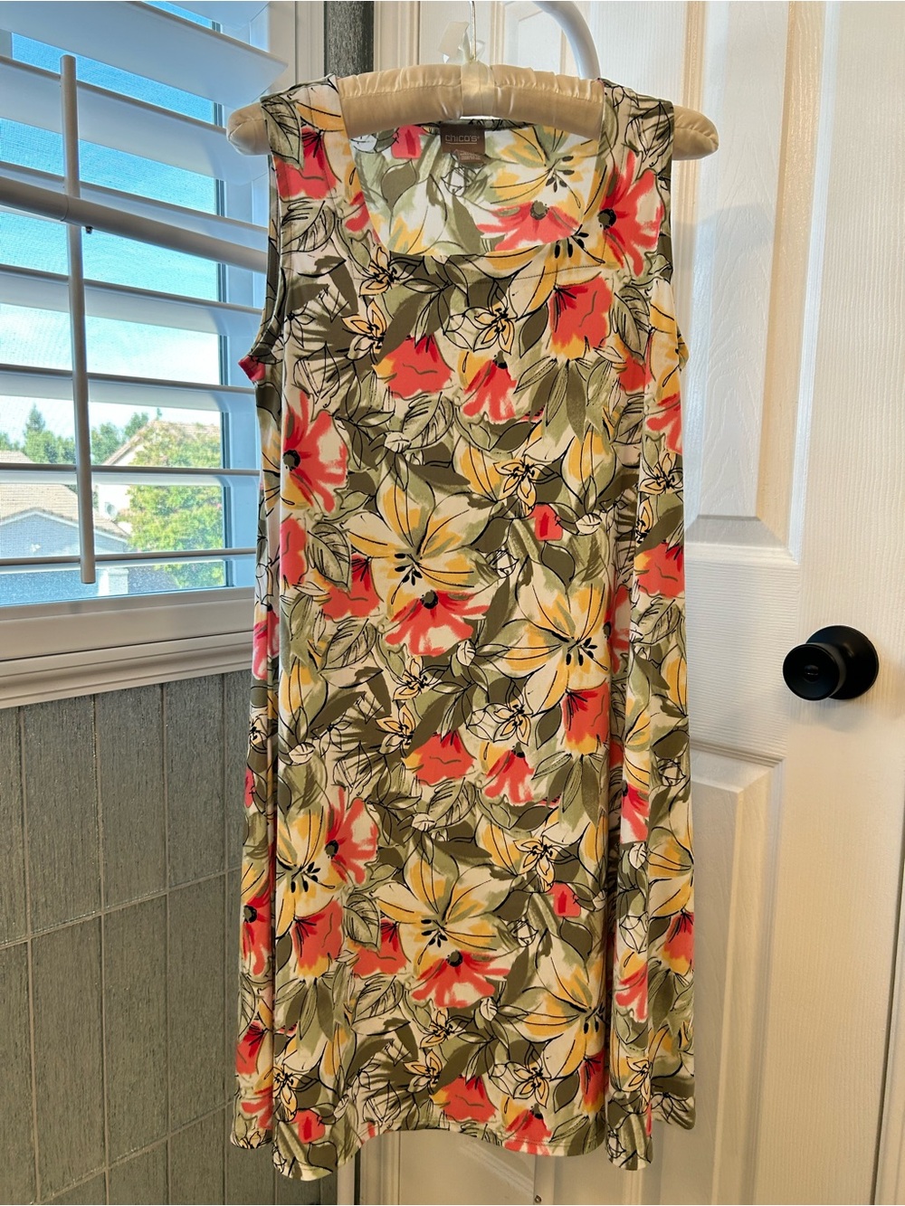 Chico's Olive Green Floral Sleeveless Shift Dress with Coral & Yellow Blooms